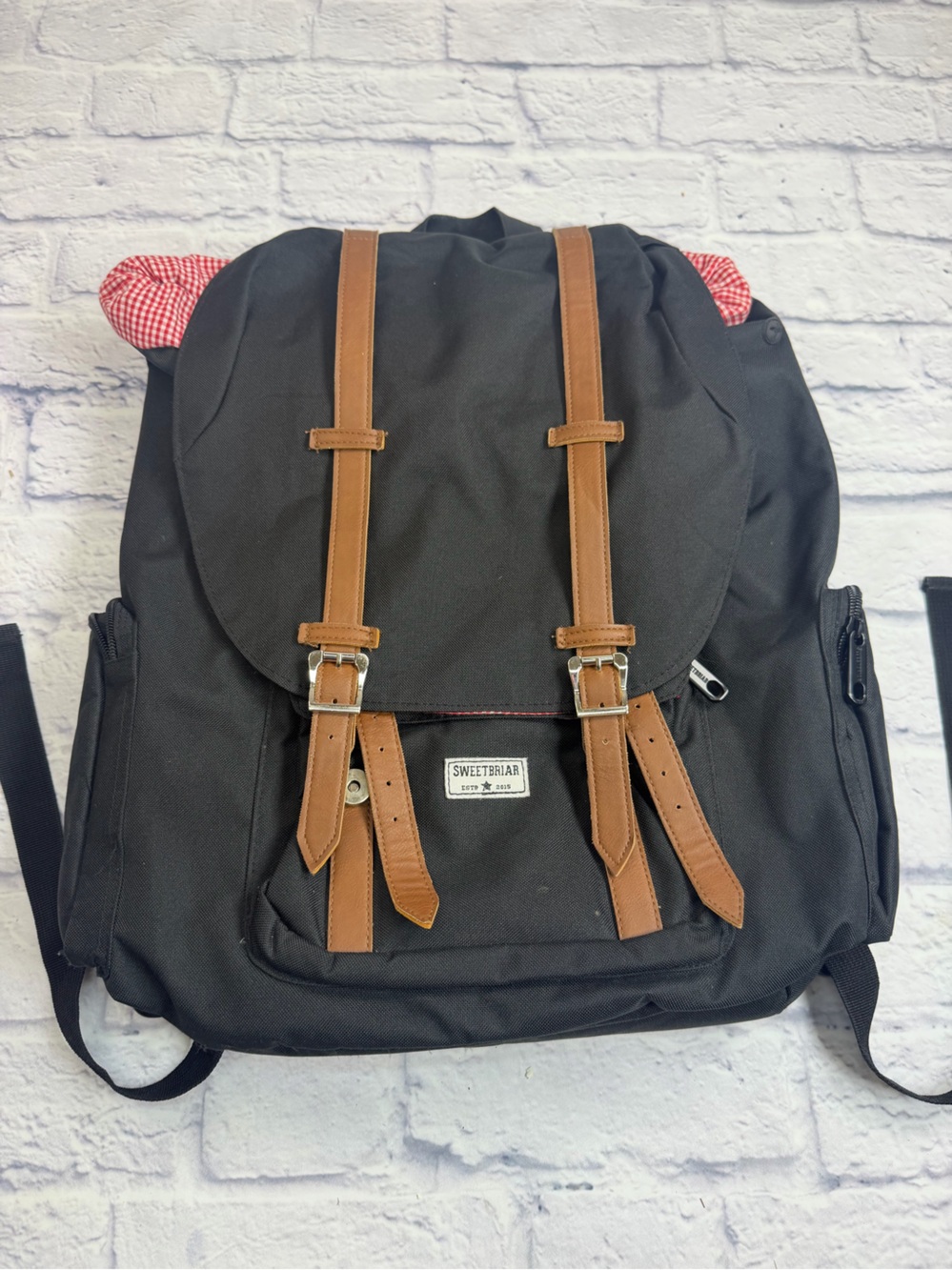 Sweet Briar Black Diaper Bag/Backpack with Red/White Gingham Lining